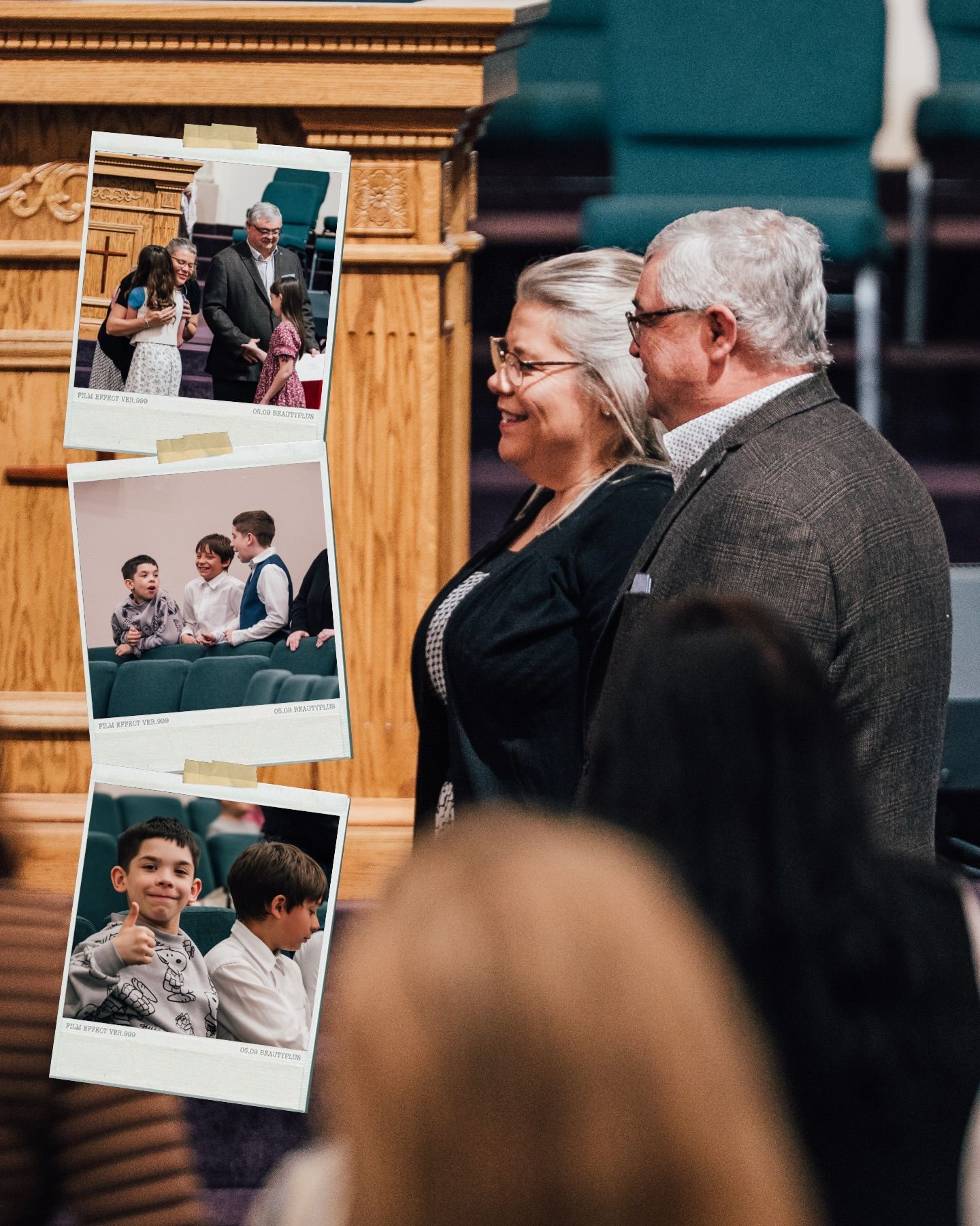 A couple stands, smiling, looking at photos. Photos depict children in church.
