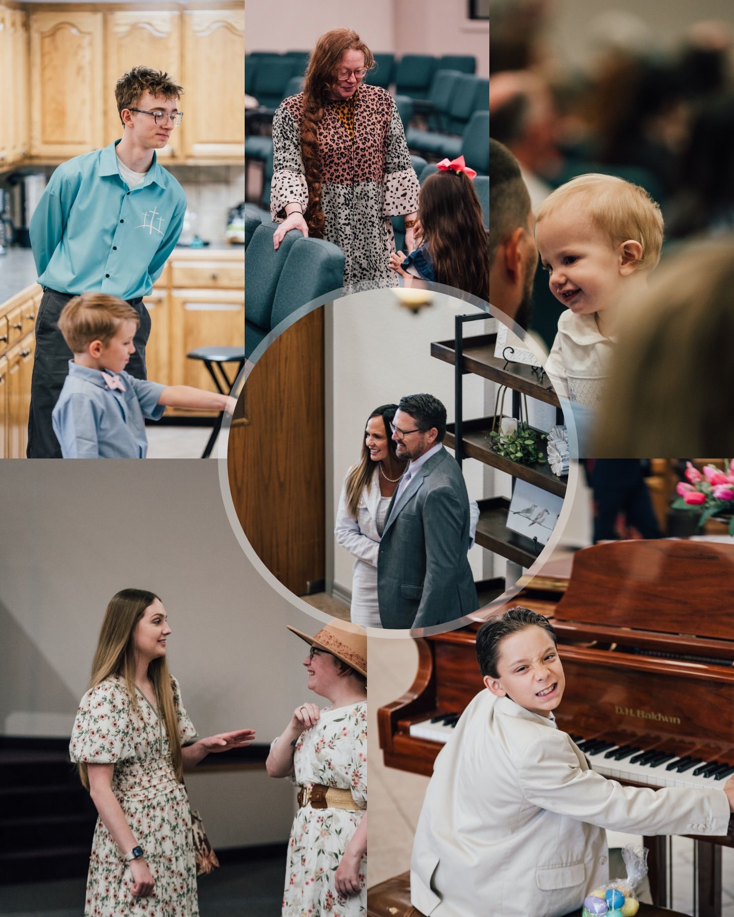 Collage of people in formal clothes singing, smiling, and playing piano at a church or recital event