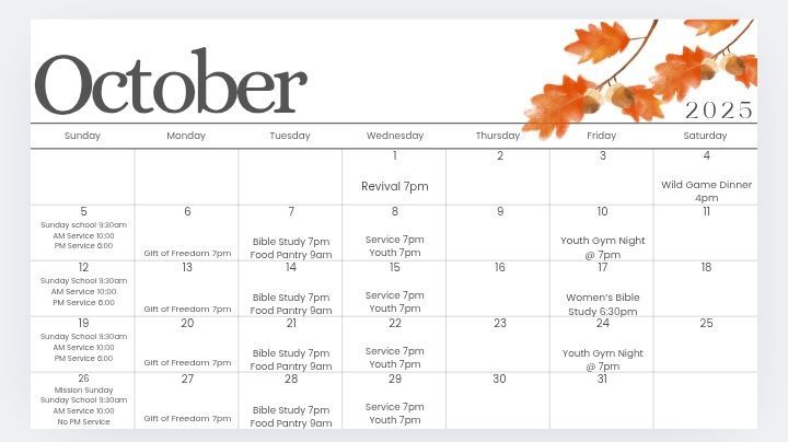 October 2025 calendar with fall leaves in the corner. Events include meetings, study sessions, and youth nights.