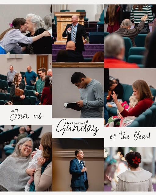 Church scenes collage: People interacting, hugging, reading, and listening; text invites, 