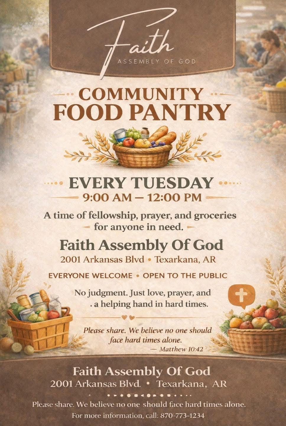 Community Food Pantry flyer, every Tuesday 9 AM to 12 PM at Faith Assembly of God in Texarkana, AR.