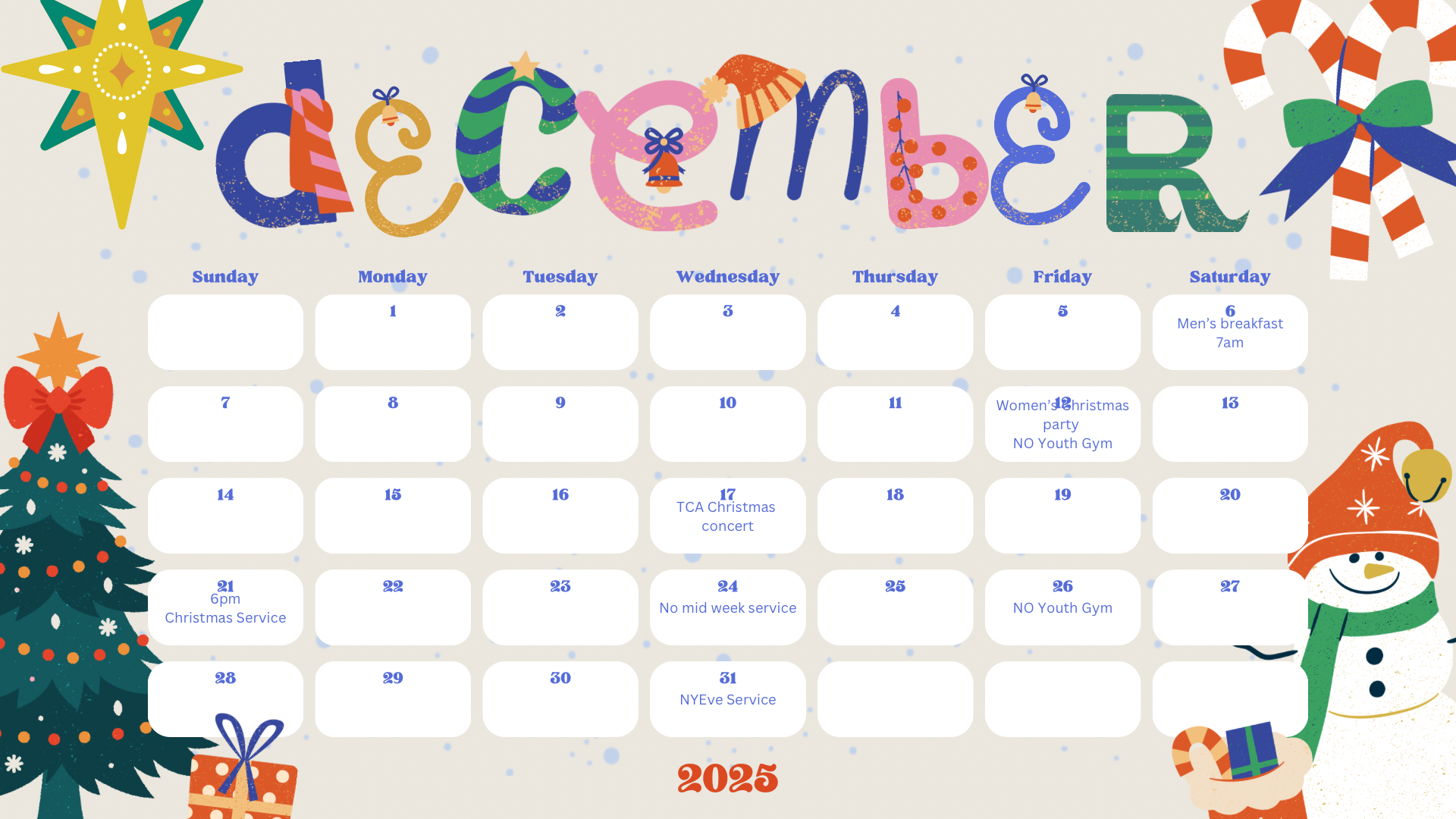 December 2024 calendar with Christmas decorations, including a snowman, Christmas tree, and candy canes.