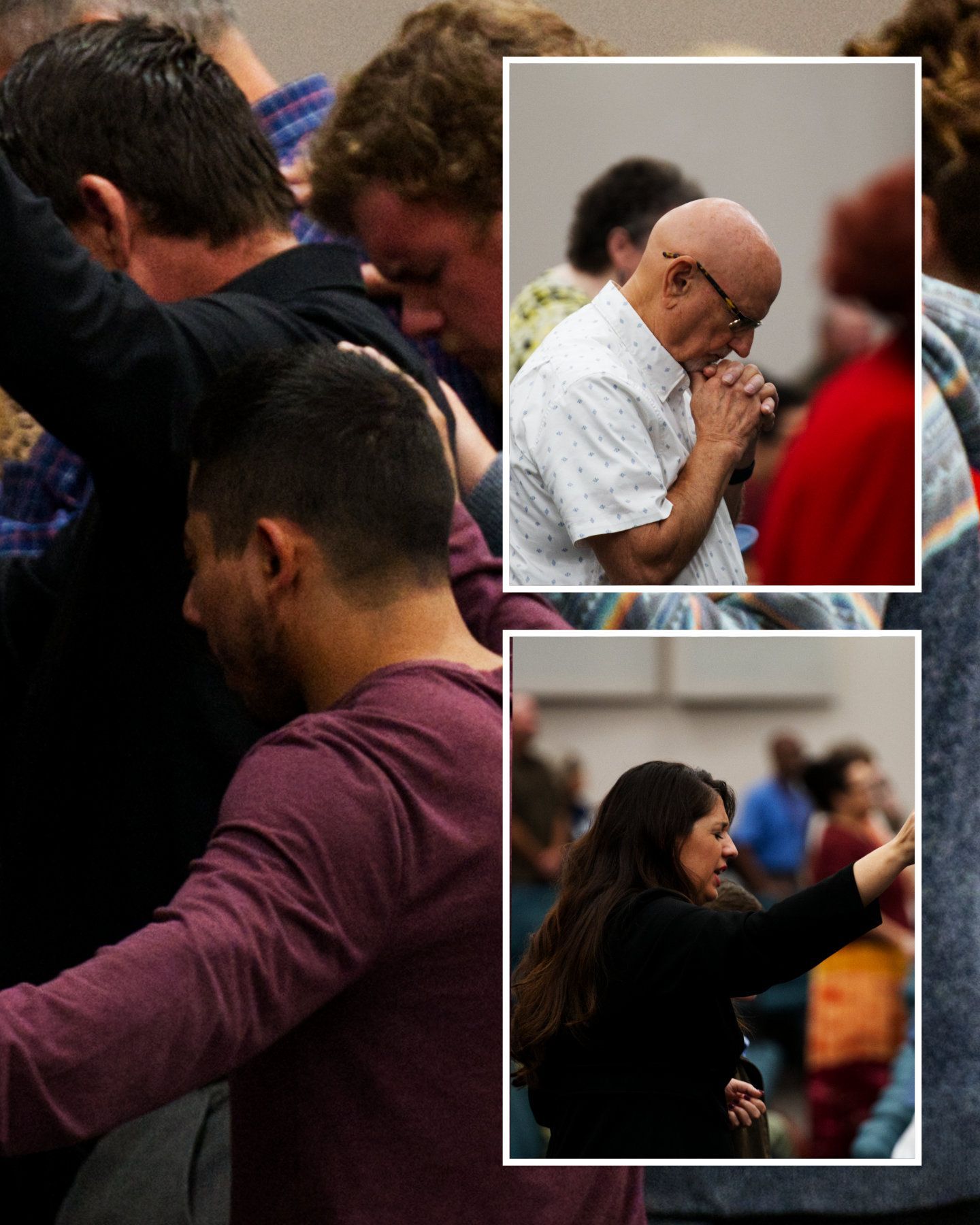 People with heads bowed, one man praying, one woman pointing, in a crowd.