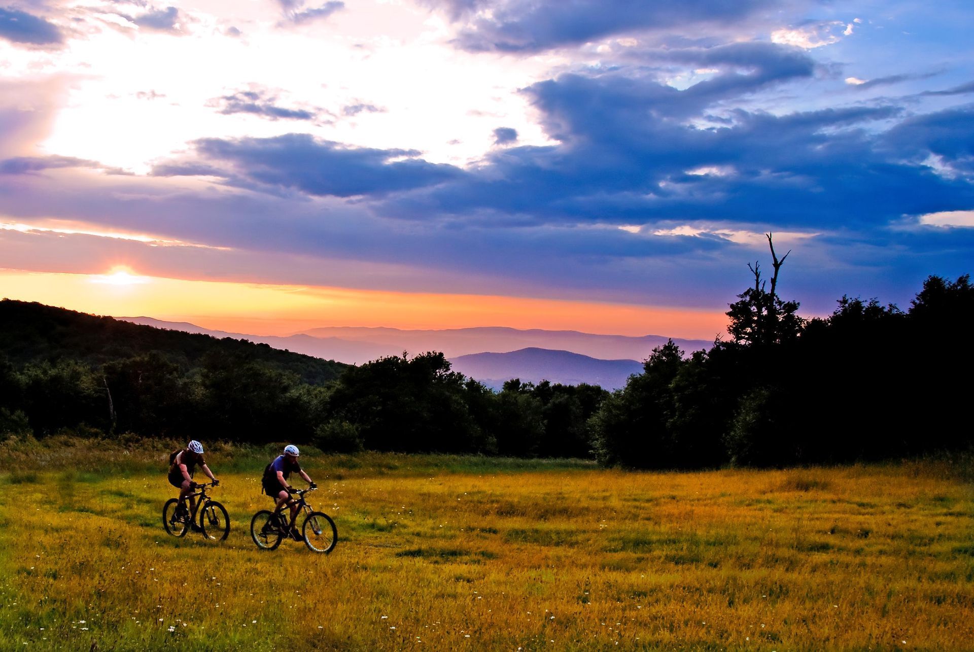 Two cyclists ride through a field at sunset, mountains in the distance, orange and purple sky.