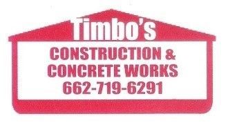 A red and white sign for timbo 's construction and concrete works.