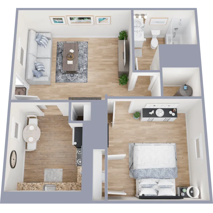 Floor plan of an apartment showing kitchen, dining, living, and bathroom areas.
