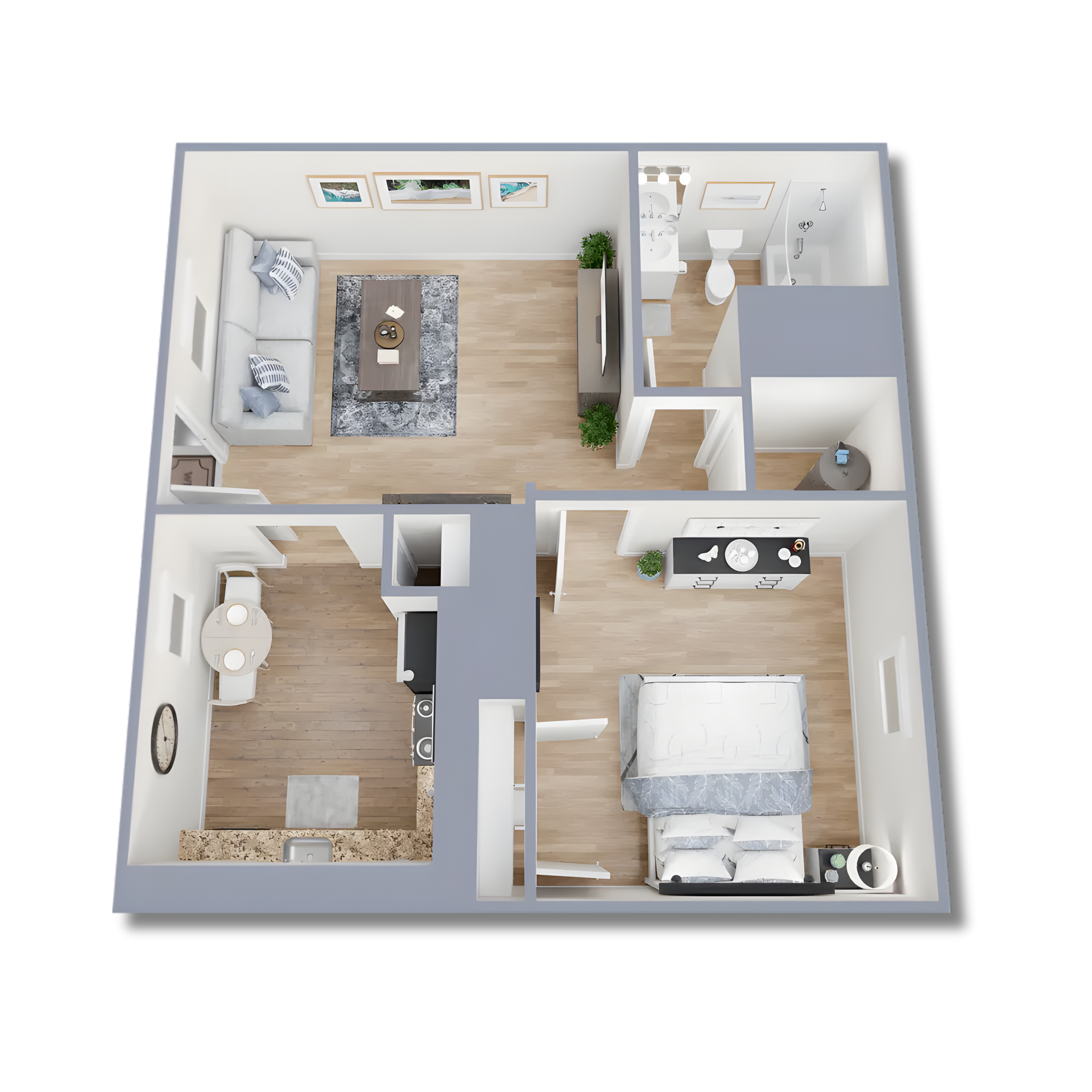Floor plan of an apartment showing kitchen, dining, living, and bathroom areas.