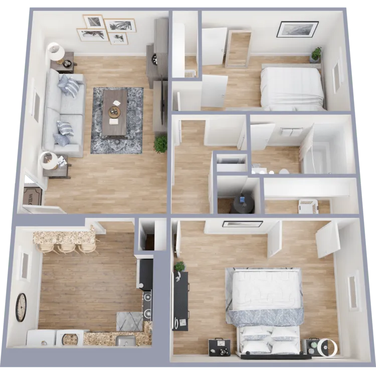 Floor plan of a two-story house. Kitchen, dining, living room, laundry, and stairs. Brown, beige and white color scheme.