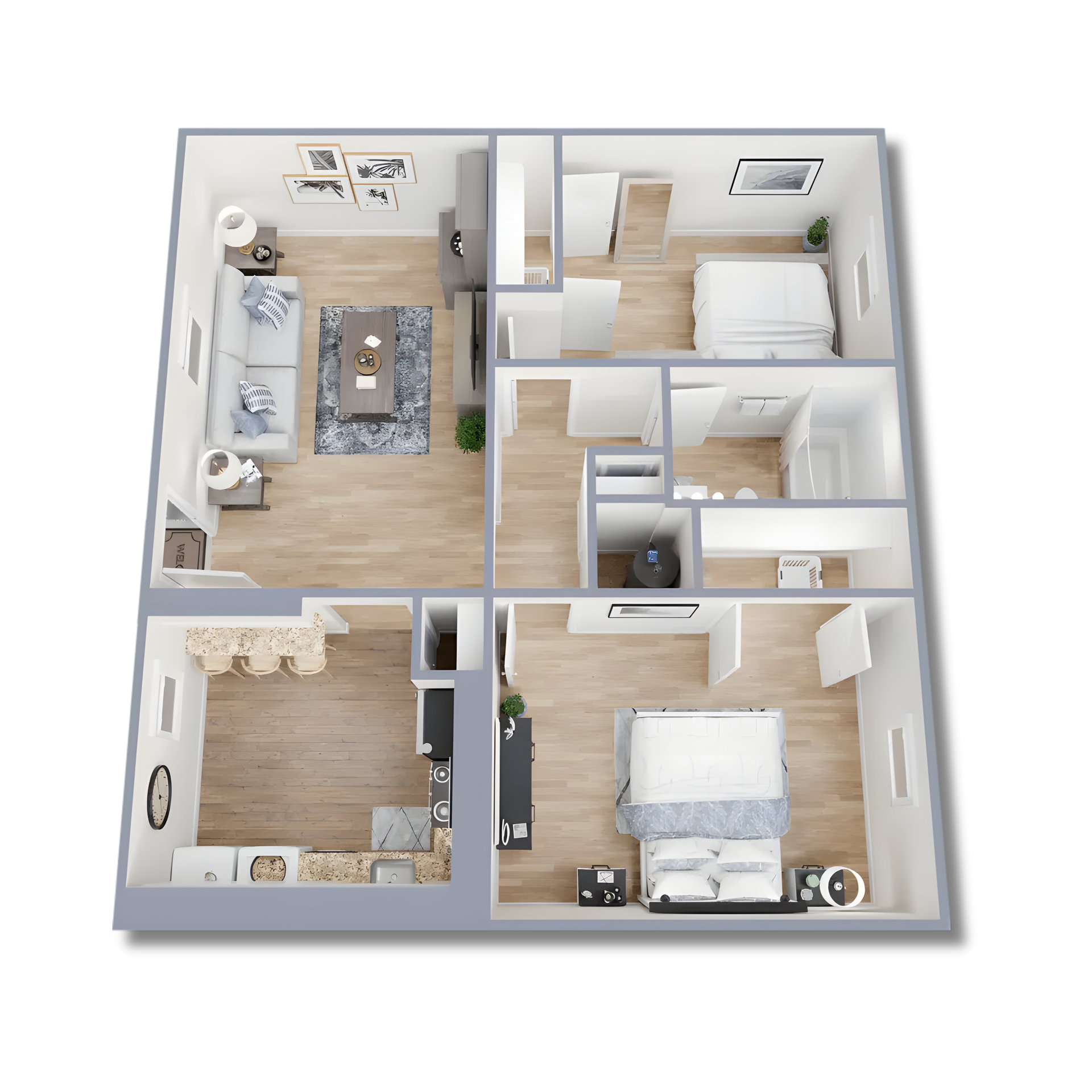 Floor plan of a two-story house. Kitchen, dining, living room, laundry, and stairs. Brown, beige and white color scheme.