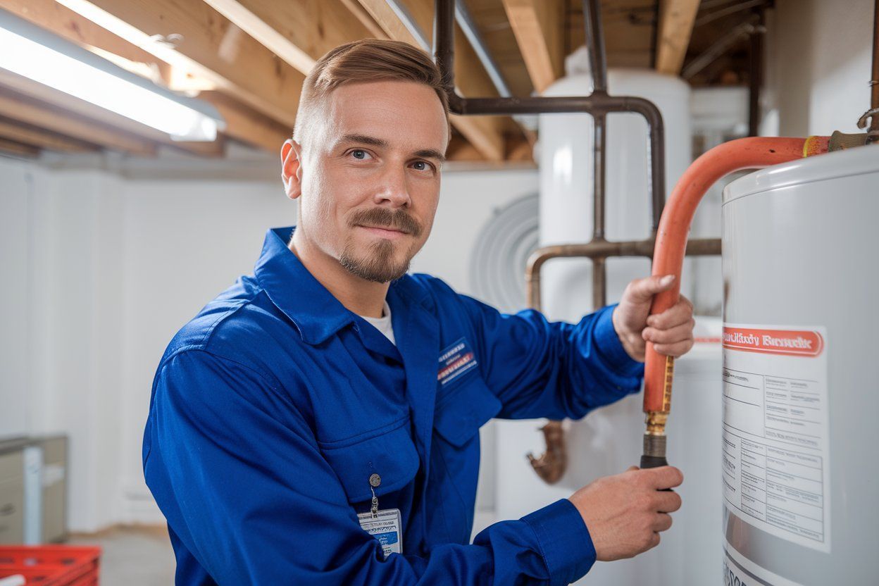 Plumber detaching Water heater cover for inspection.
