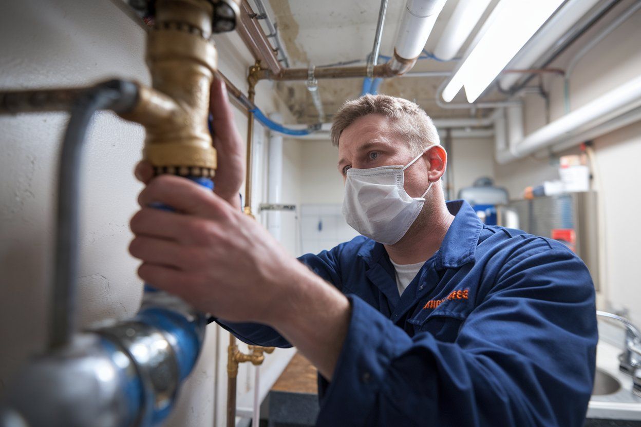 A man wearing a mask is working on a pipe.