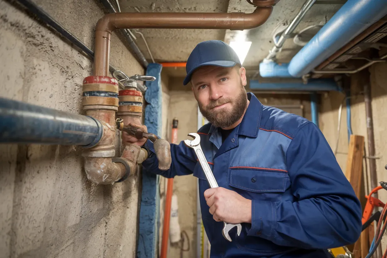 A plumber is fixing a pipe with a wrench.