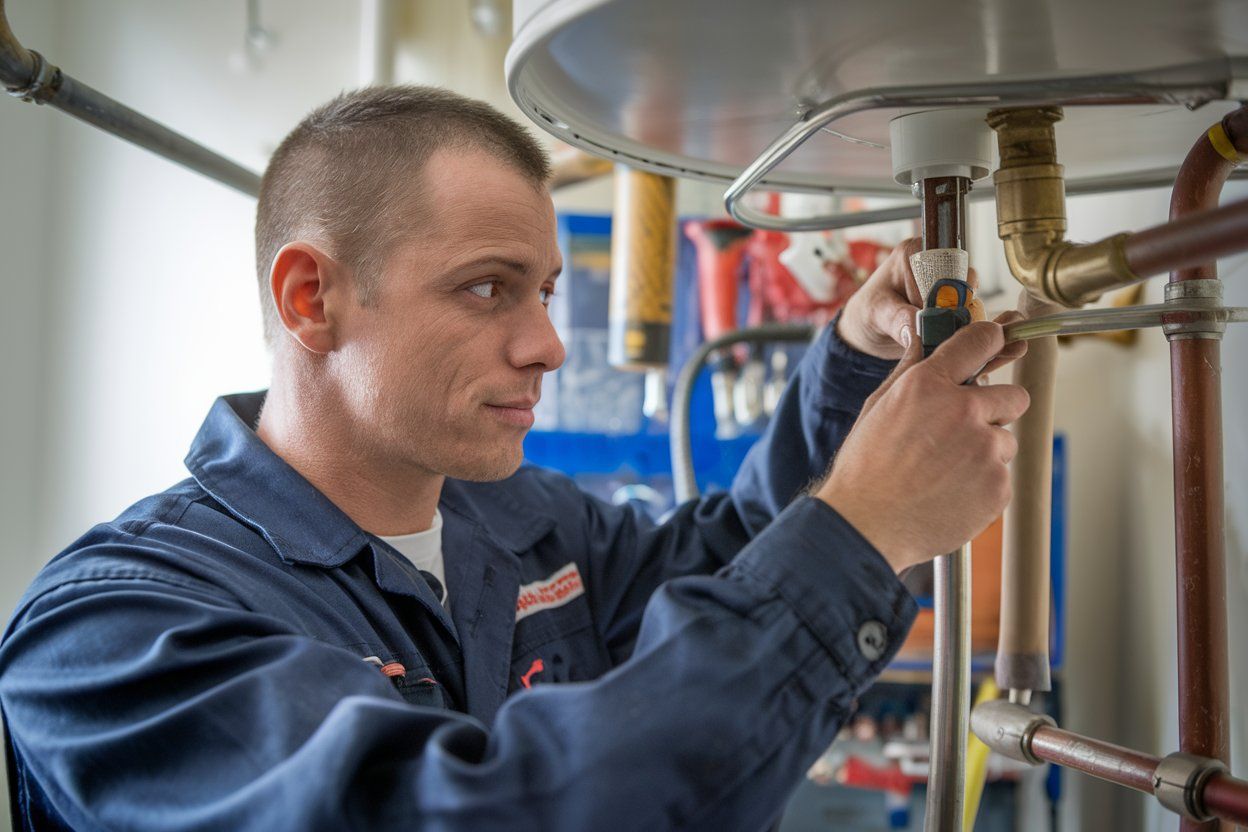 A man is fixing a water heater with a screwdriver.