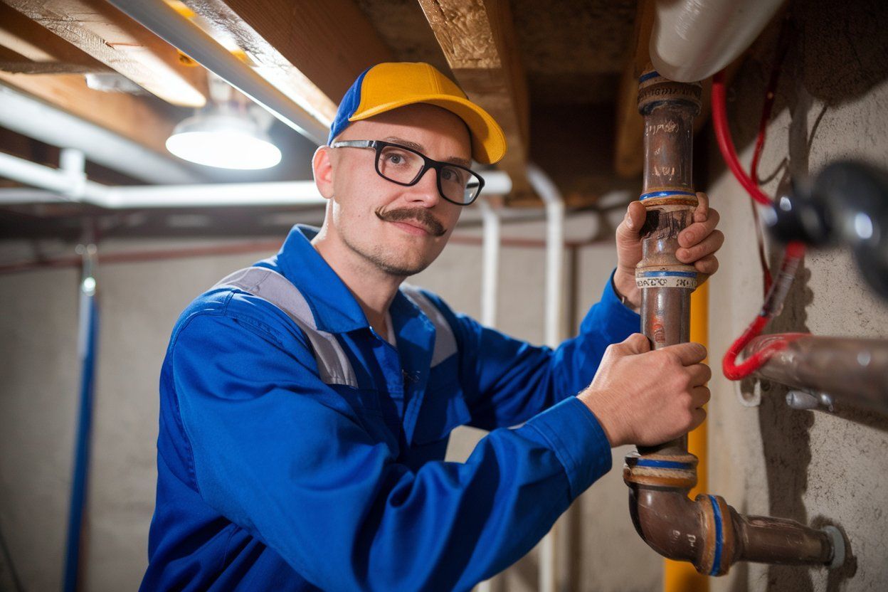 A plumber is fixing a pipe in a basement.