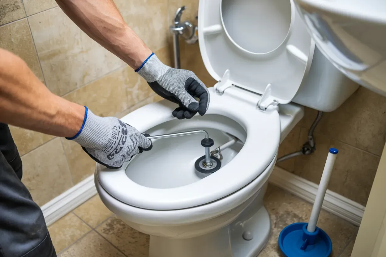 A man is using a plunger to unblock a toilet in a bathroom.