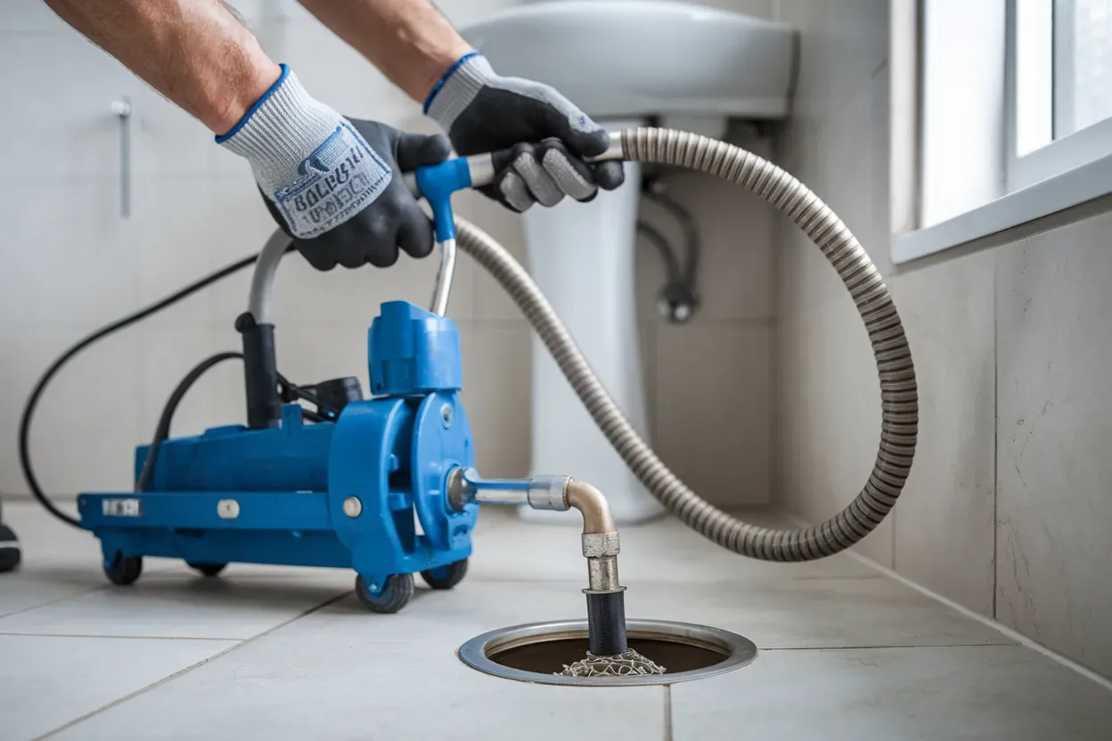 A plumber is using a machine to remove a drain in a bathroom.