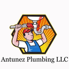 Plumber using a wrench on a pipe, inside a yellow hexagon with a red sunburst background. Antunez Plumbing LLC logo.