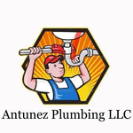 Plumber using a wrench on a pipe, inside a yellow hexagon with a red sunburst background. Antunez Plumbing LLC logo.