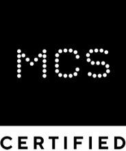 The logo for mcs certified is a black and white logo with white dots on a black background.