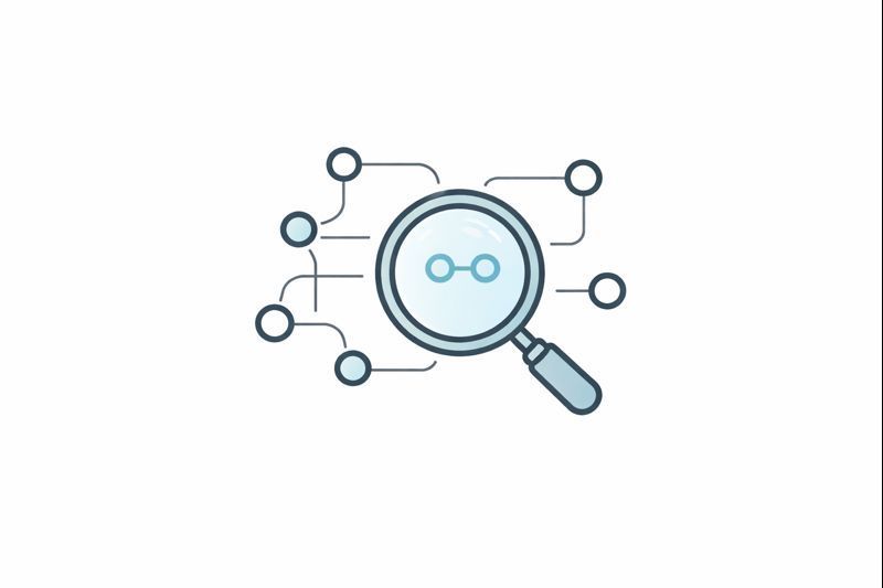 Magnifying glass over a network of interconnected nodes, highlighting blockchain.