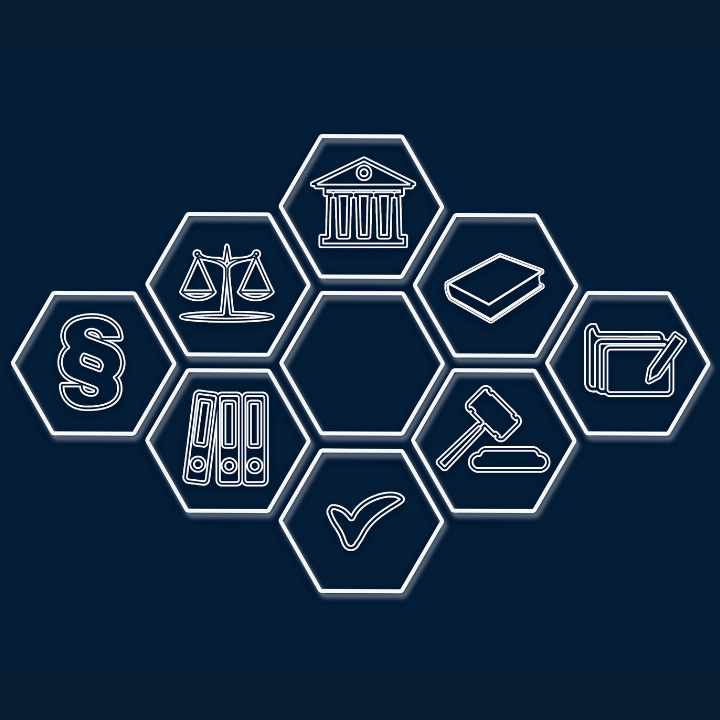 A bunch of icons are arranged in a hexagon on a blue background.