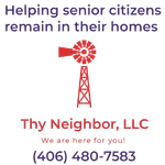 Advertisement for Thy Neighbor, LLC, offering in-home care. Features a red windmill icon and phone number.