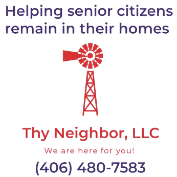 Advertisement for Thy Neighbor, LLC, offering in-home care. Features a red windmill icon and phone number.