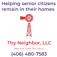 Advertisement for Thy Neighbor, LLC: text about helping seniors in their homes with a windmill logo and phone number.