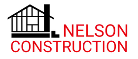 Nelson Construction logo: black house frame and chimney, red text