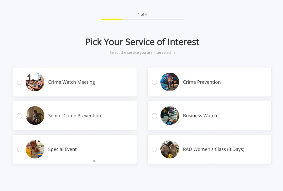 Survey: Pick your service of interest, with choices: Cruise Watch Meeting, Prevention, Senior Crime Prevention, Business