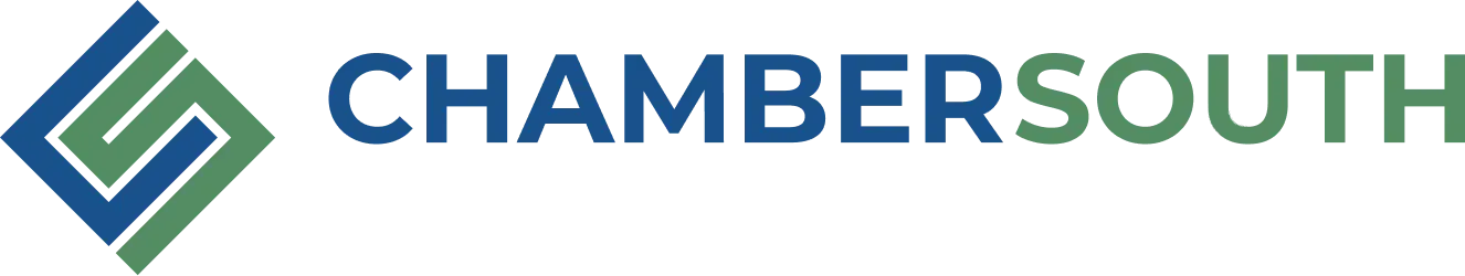 Logo of ChamberSouth, with a geometric design and text. The logo has a blue and green design with text