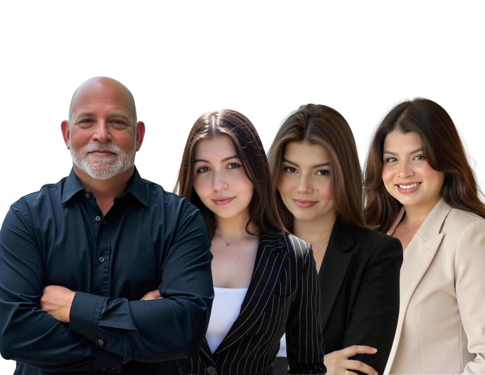 Four people, two women, one bald man, and another woman. All are standing together, smiling, and wearing business attire.