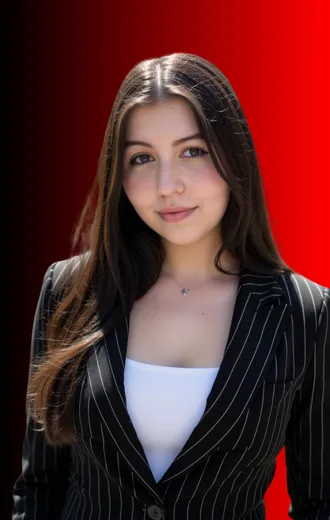Woman in pinstripe blazer, white top, looking forward, red/black background.