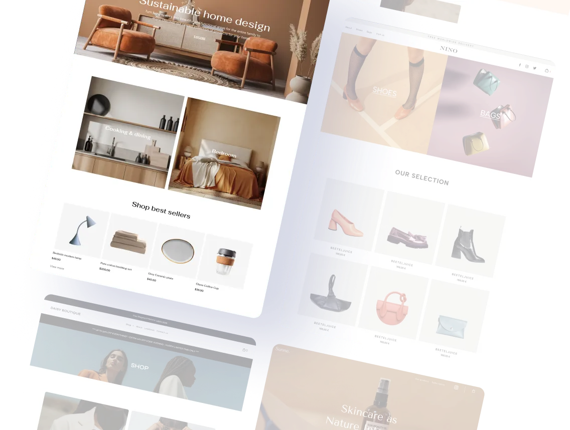 Various web pages with product photos, showcasing home decor and fashion items.