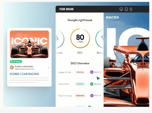 Dashboard with SEO metrics and a Formula 1 car photo.