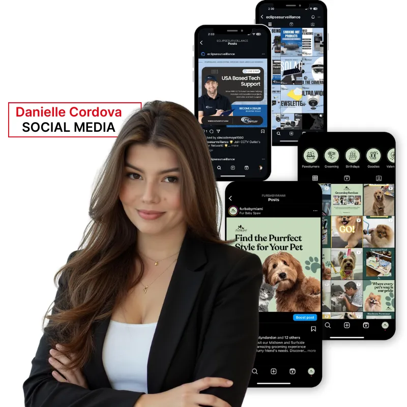 Woman in a suit with phone displays featuring social media content, and text overlay