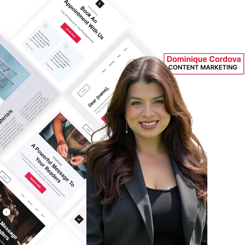 Dominique Cordova, content marketing expert, smiles next to website mockups with text and photos.