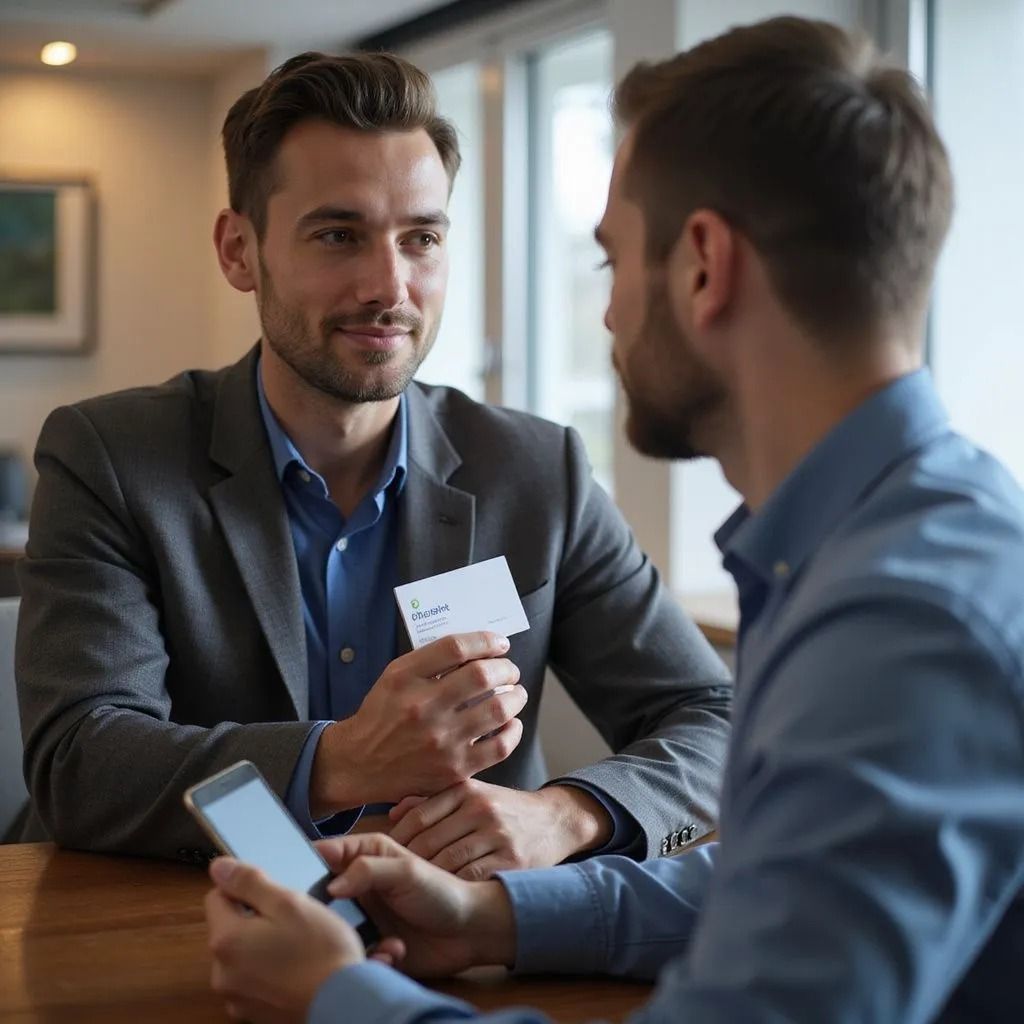 Two men at a table; one holding a business card, the other looking at a phone.