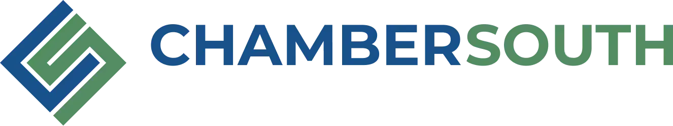 Logo for Chamber South: Blue and green geometric design with the text