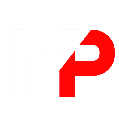 A red letter p on a white background