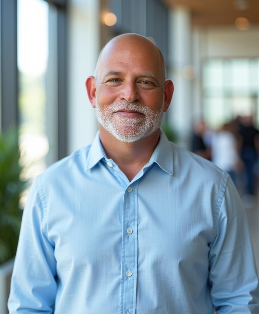 Bald man with a gray beard smiles, wearing a light blue button-down shirt. Blurred background indoors.