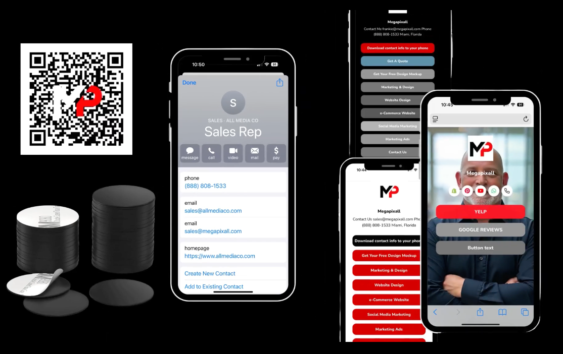 A smartphone displays contact info, a digital business card app, QR code, and speaker with adhesive pads.