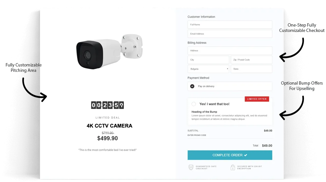 Product page mockup with a 4K CCTV camera and a customizable checkout form.