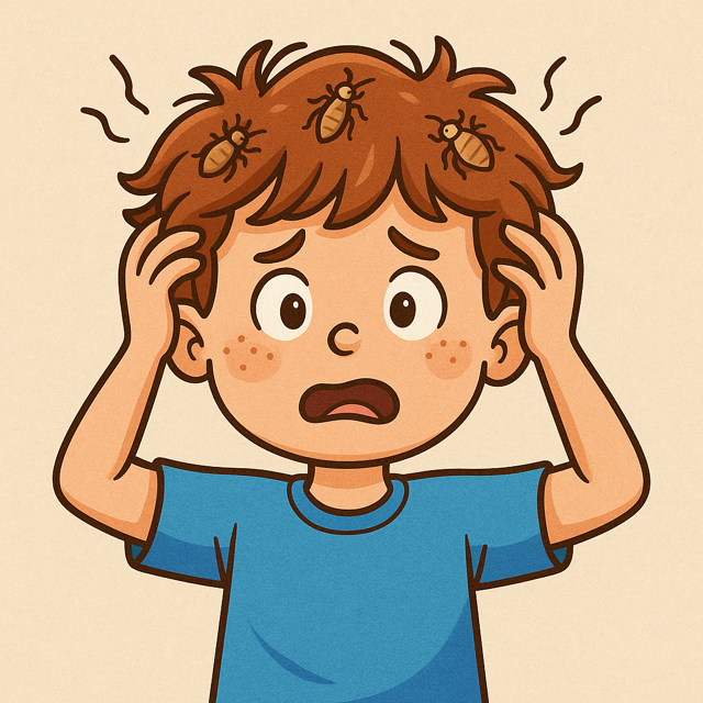 Boy with brown hair scratching head, concerned expression, with head lice.