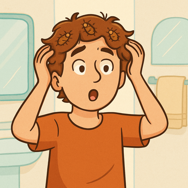 Boy with surprised expression, looking at bugs on his head in a bathroom, hands raised.