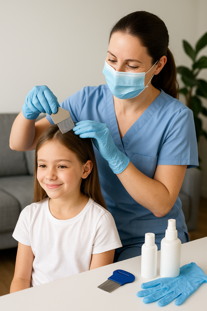 Medical professional examining a child's hair with a comb. The professional wears a mask and gloves in a home setting.