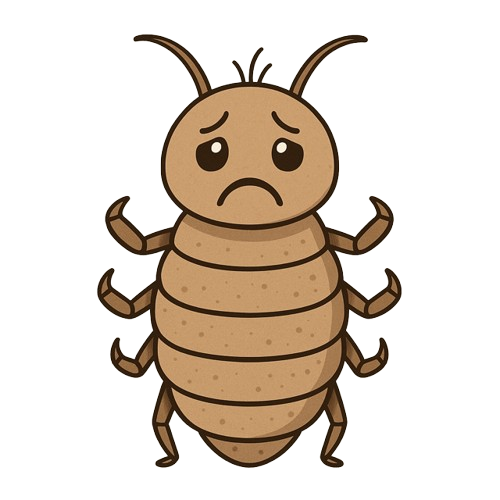 Brown, cartoon-style bed bug with sad eyes and raised arms.