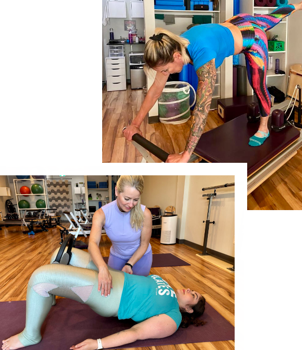 A woman is doing pilates on a pilates machine