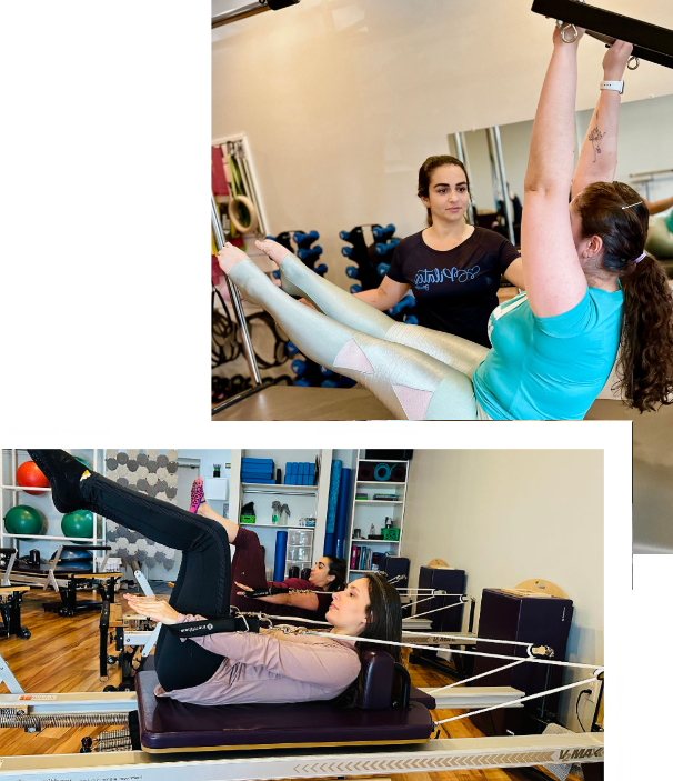 A woman is doing pilates on a machine in a gym.