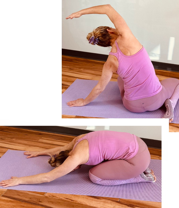 A woman in a pink tank top is doing yoga on a purple mat